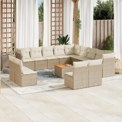 VIDAXL Salon de jardin avec coussins 14 pcs beige resine tressee