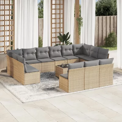 VIDAXL Salon de jardin avec coussins 14 pcs beige r&eacute;sine tress&eacute;e 3218399