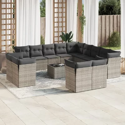 VIDAXL Salon de jardin avec coussins 14 pcs gris resine tressee