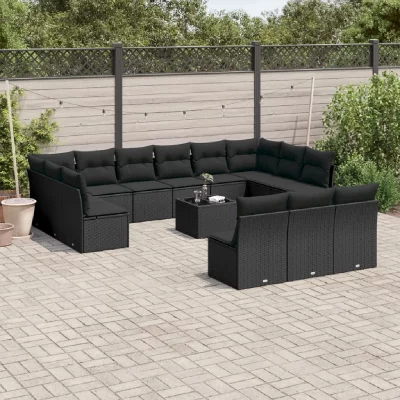 VIDAXL Salon de jardin avec coussins 14 pcs noir r&eacute;sine tress&eacute;e 3250234