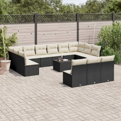 VIDAXL Salon de jardin avec coussins 14 pcs noir r&eacute;sine tress&eacute;e 3250235