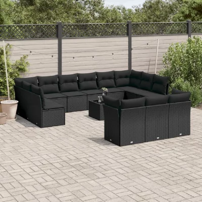 VIDAXL Salon de jardin avec coussins 14 pcs noir r&eacute;sine tress&eacute;e 3250294