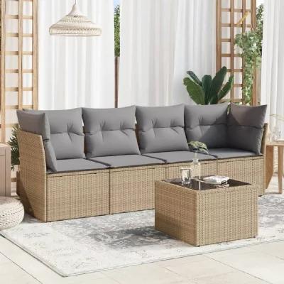 VIDAXL Salon de jardin avec coussins 5 pcs beigeet gris avec table tress&eacute;e