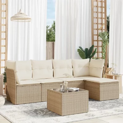 VIDAXL Salon de jardin avec coussins 6 pcs beige cr&egrave;me avec table tress&eacute;e
