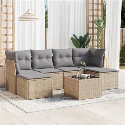 VIDAXL Salon de jardin avec coussins 7 pcs beige r&eacute;sine tress&eacute;e 3249858