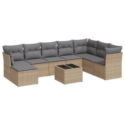  Salon de jardin avec coussins 9 pcs beige r&eacute;sine tress&eacute;e avec table