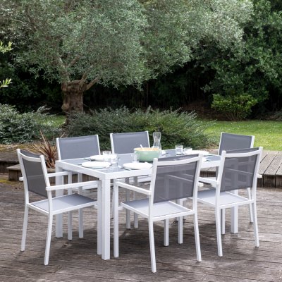 HAPPY GARDEN Salon de jardin BERGAMO en textil&egrave;ne gris 6 places - aluminium blanc