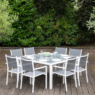 HAPPY GARDEN Salon de jardin CAGLIARI en textil&egrave;ne gris 8 places - aluminium blanc