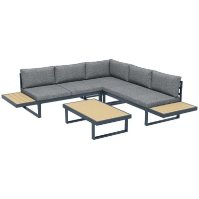 OUTSUNNY Salon de jardin d'angle 5 places avec table basse coussins alu gris aspect bois