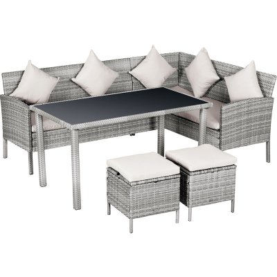 OUTSUNNY Salon de jardin d'angle 6 places avec poufs er table &agrave; manger gris