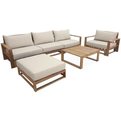 SWEEEK Salon De Jardin En Bois 5 Places - Mendoza - Coussins Beiges. Canap&eacute;. Fauteuils Et Table Basse En