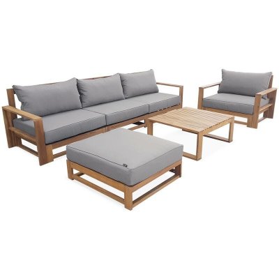 SWEEEK Salon De Jardin En Bois 5 Places - Mendoza - Coussins Gris. Canap&eacute;. Fauteuils Et Table Basse En