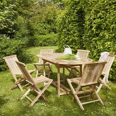 BERAH GETAH Salon de jardin en chutes de teck massif extensible 6 pers.