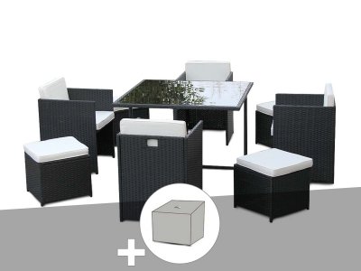 JARDIDECO Salon de jardin en r&eacute;sine tress&eacute;e Artigas II 4-8 places Noir + Housse -