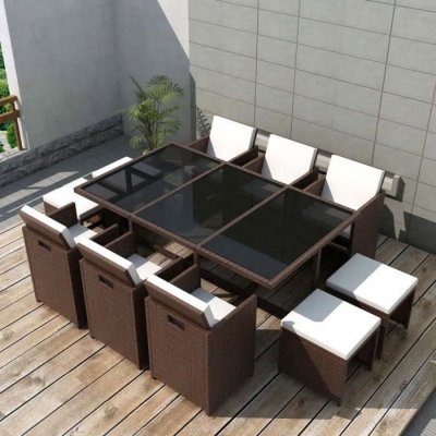 VIDAXL Salon de jardin encastrable 11 pcs avec coussins Rotin Marron