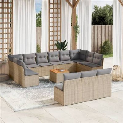  Salon de jardin et coussins 14 pcs melange beige resine tressee