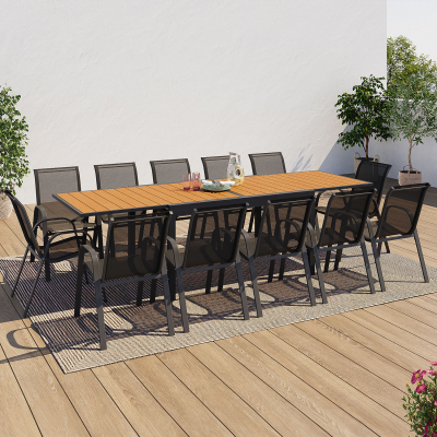 IDMARKET Salon de jardin extensible poly gris fonc&eacute; et bois table 135-270 cm et 12 chaises