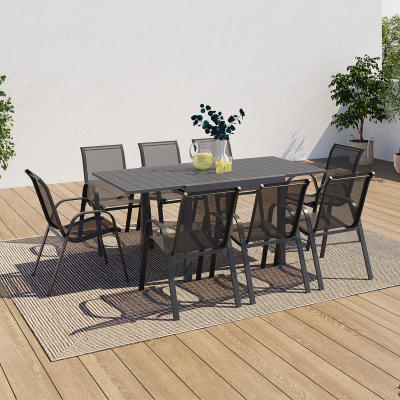 IDMARKET Salon de jardin extensible poly gris fonc&eacute; table 90-180 cm et 8 chaises