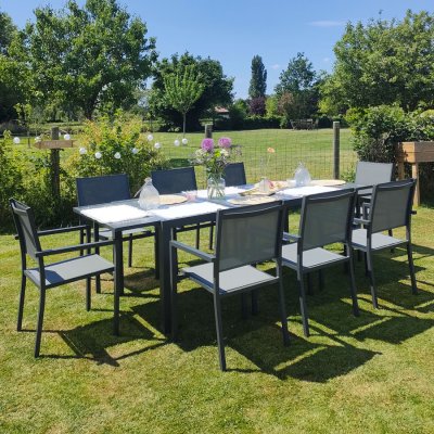 HAPPY GARDEN Salon de jardin FIRENZE extensible en textil&egrave;ne gris 8 places - aluminium anthracite