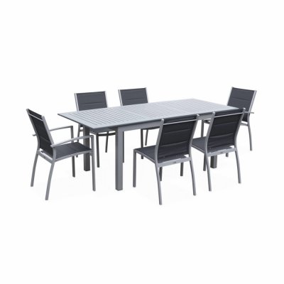 SWEEEK Salon de jardin gris en aluminium table extensible et 6 chaises