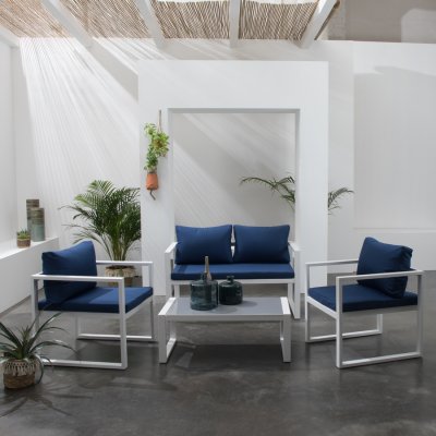 HAPPY GARDEN Salon de jardin ibiza en tissu bleu 4 places - aluminium blanc - Bleu