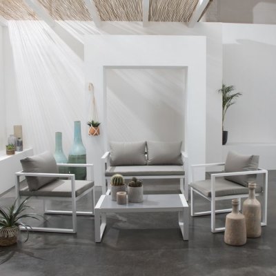 HAPPY GARDEN Salon de jardin ibiza en tissu gris 4 places - aluminium blanc - Gris