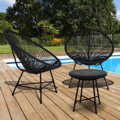 IDMARKET Salon de jardin izmir table et 2 fauteuils oeuf cordage noir - Noir
