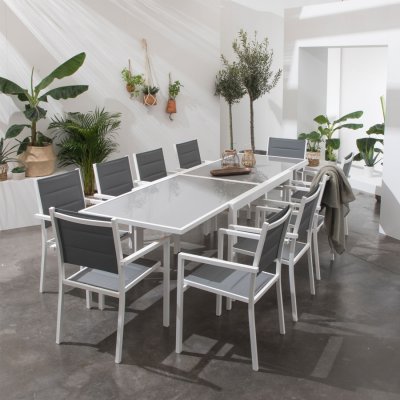 HAPPY GARDEN Salon de jardin LAMPEDUSA extensible en textil&egrave;ne gris 10 places - aluminium blanc