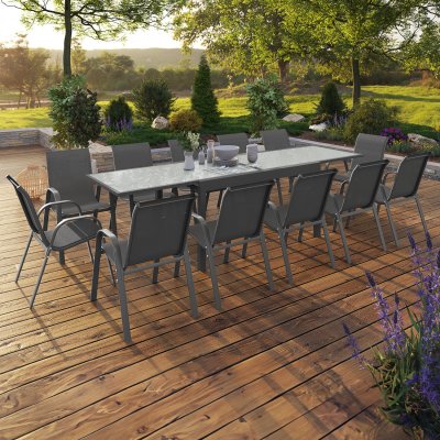 IDMARKET Salon de jardin MADRID table extensible 135-270 CM et 12 chaises empilables gris anthracite
