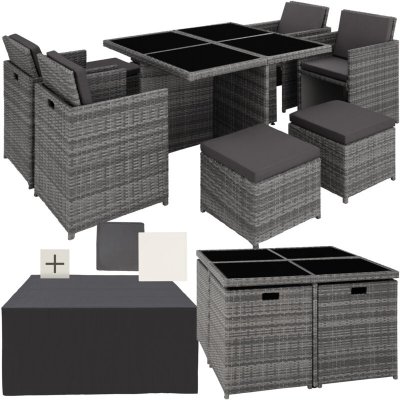 TECTAKE Salon de jardin MANHATTAN 8 places avec 2 sets de housses + housse de protection, variante 2 - gris