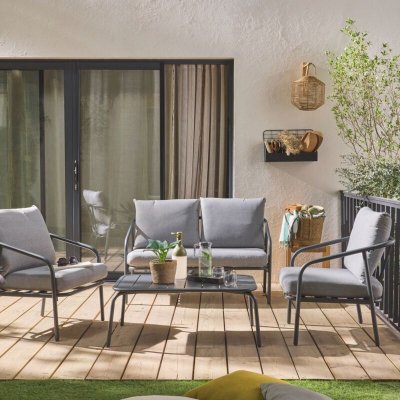 SWEEEK Salon de jardin m&eacute;tal 4 places anthracite, coussins gris