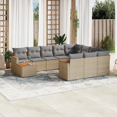 VIDAXL Salon de jardin modulable - 11 pi&egrave;ces - Beige - R&eacute;sine tress&eacute;e - 10 personnes