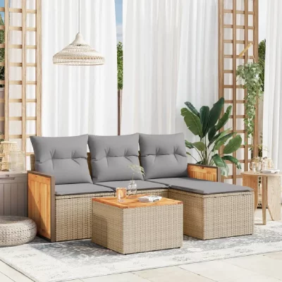 VIDAXL Salon de jardin modulable 5 pi&egrave;ces en r&eacute;sine tress&eacute;e beige - 4 personnes
