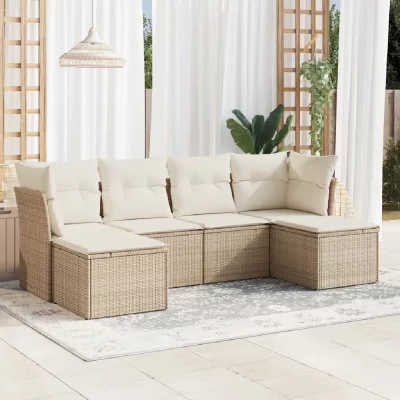  Salon de jardin modulable 6 pi&egrave;ces r&eacute;sine tress&eacute;e beige 6 personnes table fixe