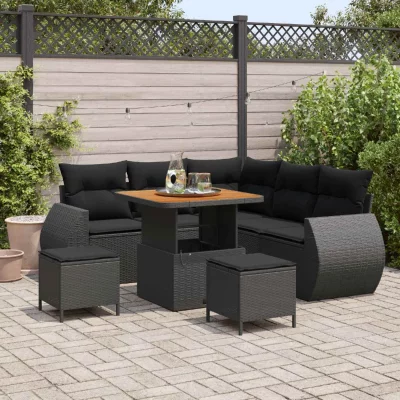 VIDAXL Salon de jardin modulable - 8 pi&egrave;ces - Rotin noir - Table extensible - GENERIQUE