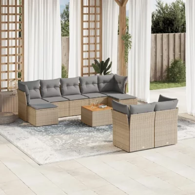 VIDAXL Salon de jardin modulable - Lot de 10 pi&egrave;ces - R&eacute;sine tress&eacute;e beige 9 personnes