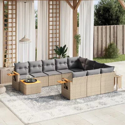 VIDAXL Salon de jardin modulable - Lot de 11 pi&egrave;ces - Beige Rotin 10 personnes Table pliante 62x62x69 cm