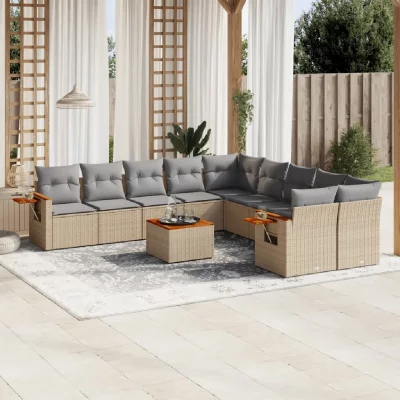 VIDAXL Salon de jardin modulable - Lot de 11 pi&egrave;ces - R&eacute;sine tress&eacute;e - 10 personnes - Beige
