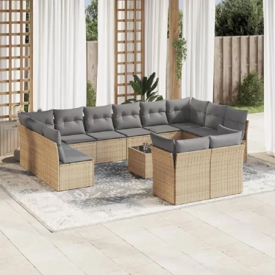 VIDAXL Salon de jardin modulable - Lot de 13 pi&egrave;ces - R&eacute;sine tress&eacute;e - 12 personnes - Beige