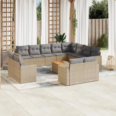 VIDAXL Salon de jardin modulable - Lot de 13 pi&egrave;ces - R&eacute;sine tress&eacute;e beige - Table fixe - 12 personnes