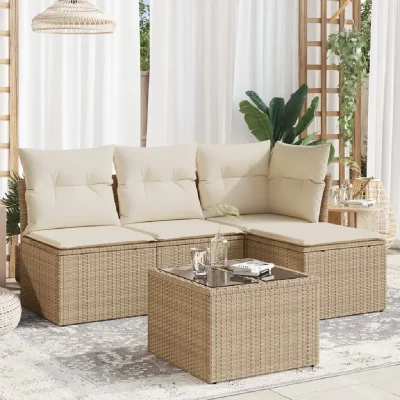  Salon de jardin modulable - Lot de 5 pi&egrave;ces - R&eacute;sine tress&eacute;e beige - 4 personnes - Table fixe