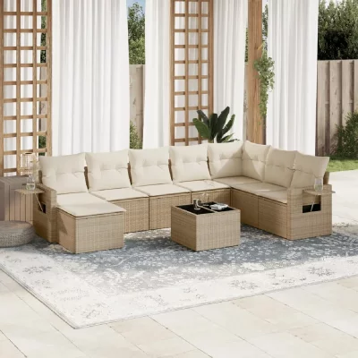 VIDAXL Salon de jardin modulable - Pack de 9 pi&egrave;ces - R&eacute;sine tress&eacute;e beige - Table pliante