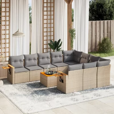 VIDAXL Salon de jardin modulable resine tressee beige 11 pieces 10 personnes
