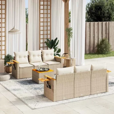 VIDAXL Salon de jardin modulable  rotin beige 7 pieces 6 personnes