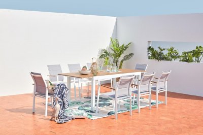 CONCEPT USINE Salon de jardin repas aluminium blanc et bois 8 places
