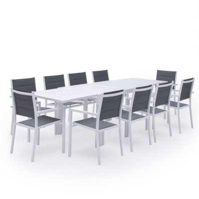 HAPPY GARDEN Salon de jardin table 132/264cm en aluminium blanc et gris