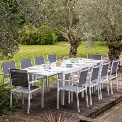 HAPPY GARDEN Salon de jardin table 180/300cm en aluminium blanc et gris