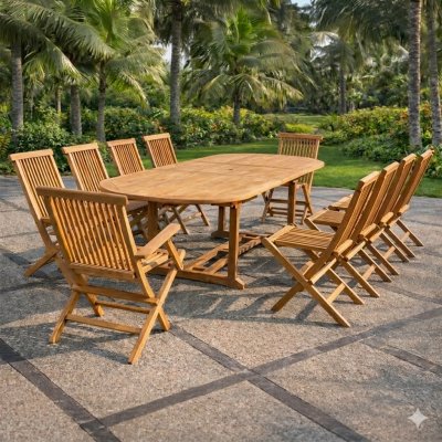 CONCEPT USINE Salon de jardin teck massif avec table ovale 10 personnes KAJANG