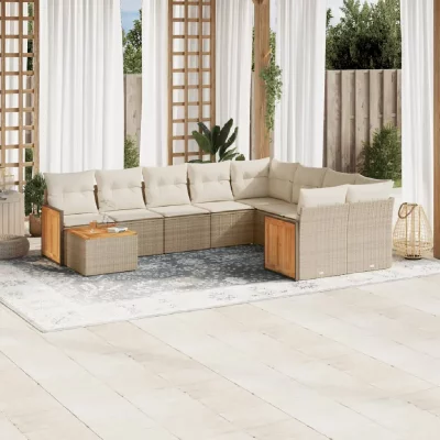 VIDAXL Salon de jardin -  - 10 pcs - R&eacute;sine tress&eacute;e - Coussins amovibles - Beige
