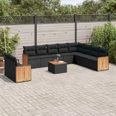 VIDAXL Salon de jardin  avec coussins, 11 pcs - Noir - R&eacute;sine tress&eacute;e